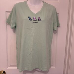 Life Is Good Women’s Medium Sage Green V-Neck Graphic T-Shirt 100% Cotton NWT
